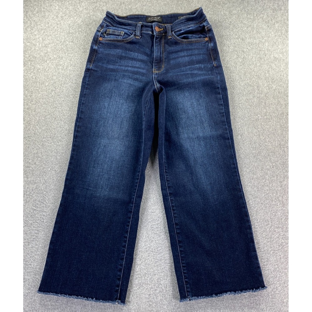 Judy Blue High Waist Wide Leg Crop Jeans Women's 3/26 Raw Hem Dark Wash Whiskers